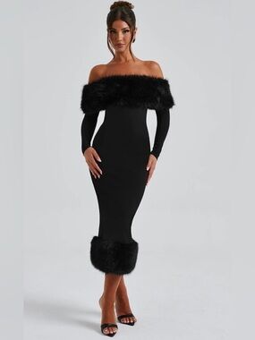 Off-Shoulder Black Faux-Fur Trim Maxi Dress